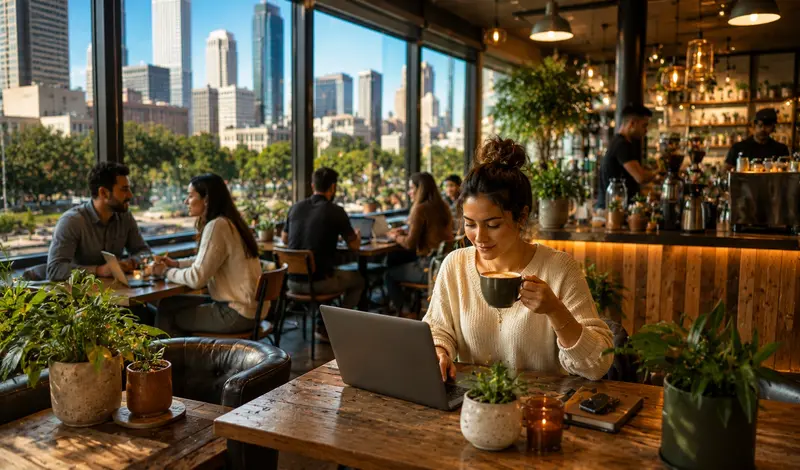 People enjoying specialty coffee at a popular Houston café with a cozy atmosphere, remote work space, and skyline views.